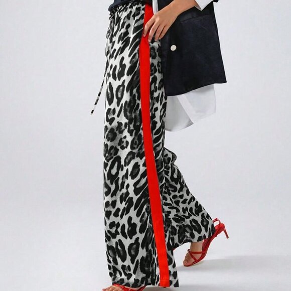 Grey Casual Women's Leopard Print Color Block Patchwork Loose Pants - Picture 2 of 5